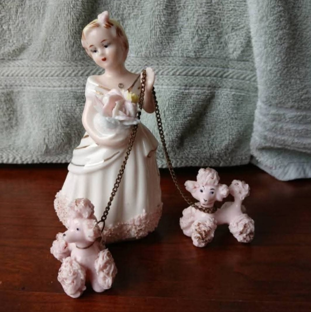 Vintage Napco Figurine - Lady w/ Flowers & Chained Spaghetti Poodles - 1950s/60s